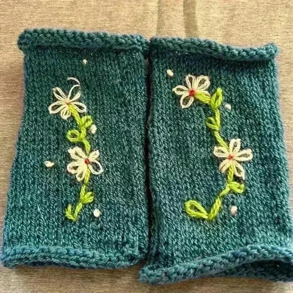 Fingerless Gloves wrist warmers  teal with flowers HandCrafted OSFM